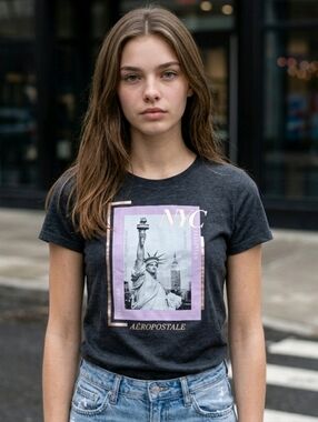 NWT Aeropostale Jr's Charcoal Heather Tee with Statue Of Liberty & NYC Boroughs